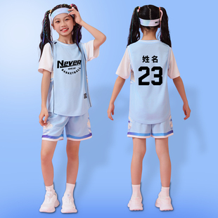 儿童篮球服套装男女童夏运动表演服中小学生蓝色假两件球衣定制
