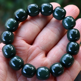 天然新疆和田玉青玉塔青黑青老型珠桶珠男士手链女士手串送证书