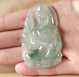 老坑冰种浅绿飘花天然翡翠A货观音挂件送证书玉观音吊坠