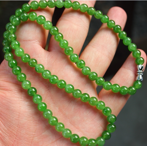 冰底天然新疆和田玉碧玉阳绿小珠项链珠子送证书