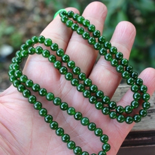 冰底天然新疆和田玉碧玉菠菜绿108颗佛珠项链送证书