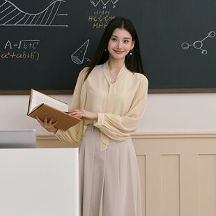 黄色飘带长袖雪纺衬衫女式早秋职业泡泡袖衬衣高级感通勤春夏上衣