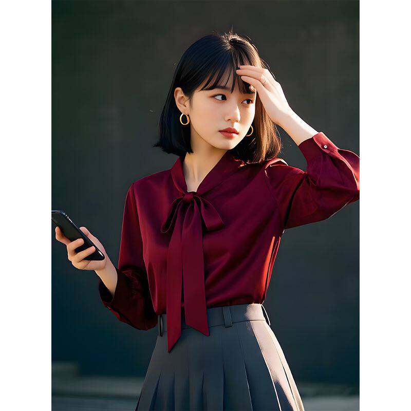 红色缎面真丝衬衫女蝴蝶结系带垂感气质通勤OL桑蚕丝上衣春秋新款