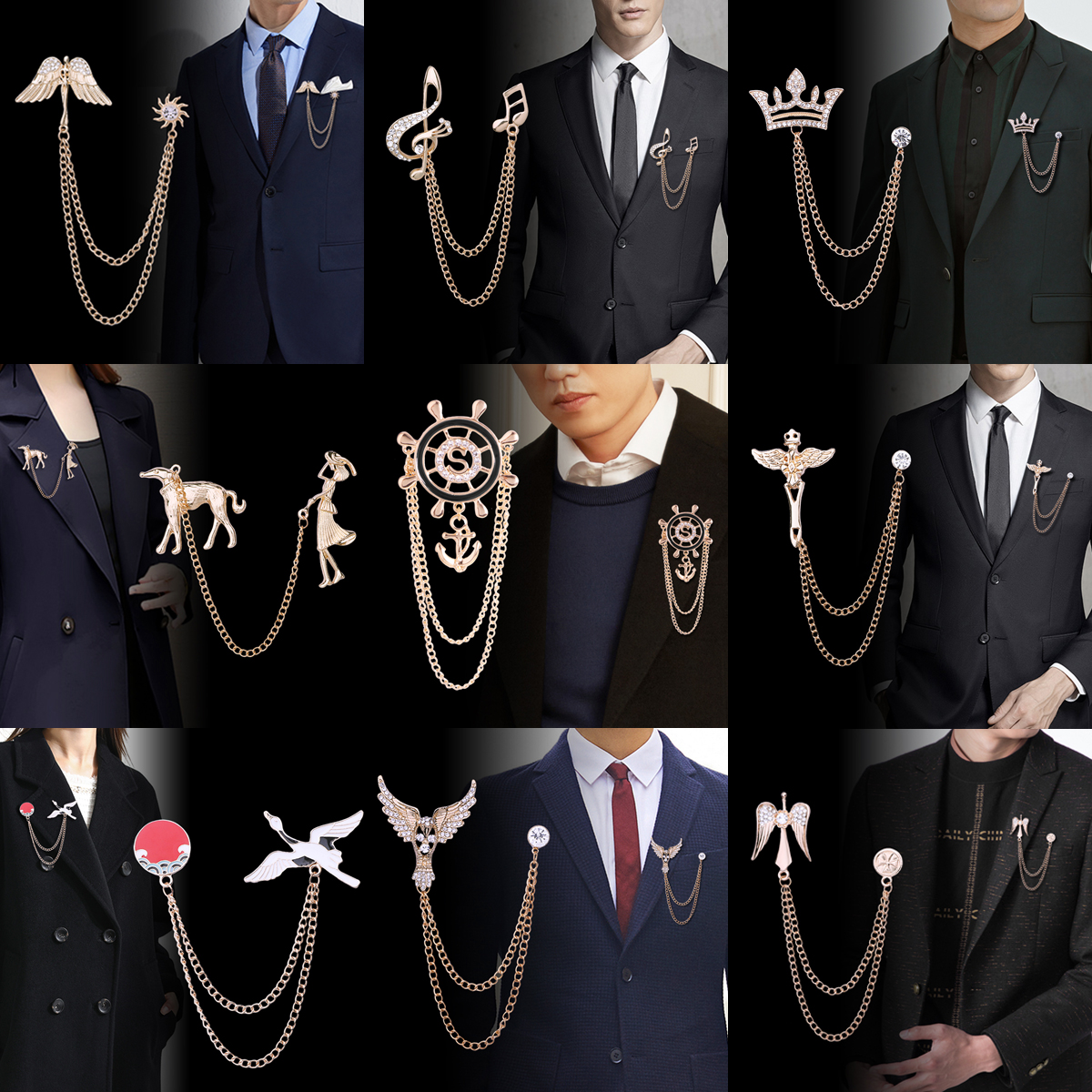 欧美高档镀金银镶钻胸针男士链条流苏胸花衬衫外套别针西服配饰女