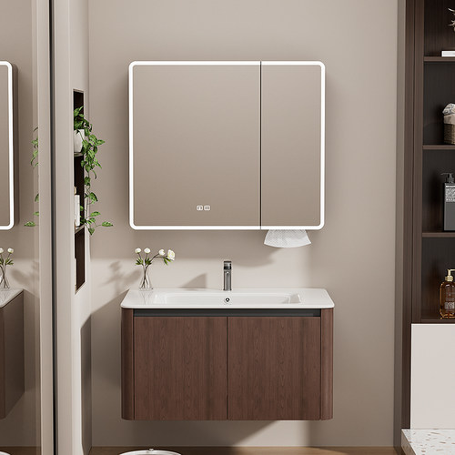 胡桃木蜂窝铝浴室柜一体陶瓷盆