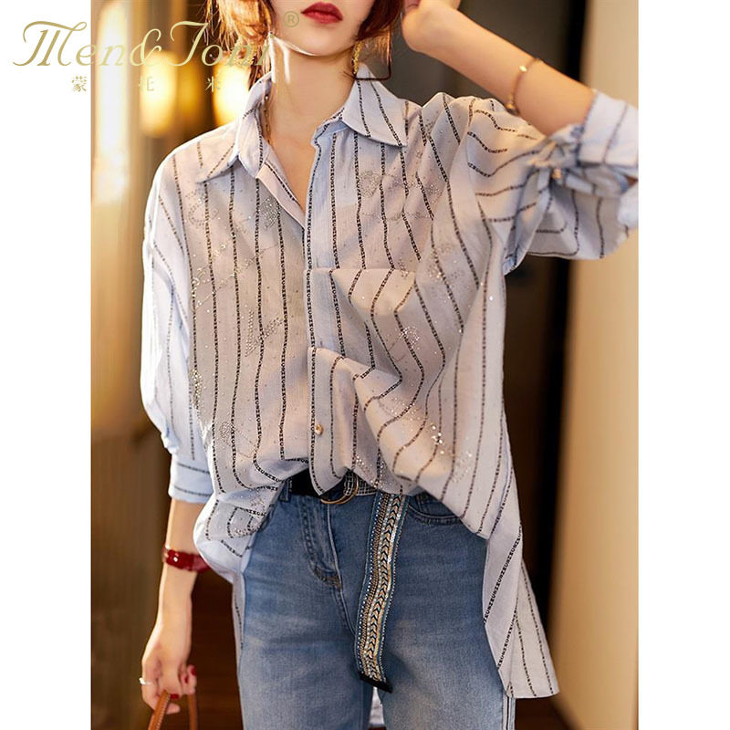 Men＆Joni轻奢品牌韩版洋气条纹衬衫2021年夏季新款洋气薄外套女在类目 女装/女士精品, 衬衫中 - 来自Buy2taobao.com提供专业的淘宝代购服务