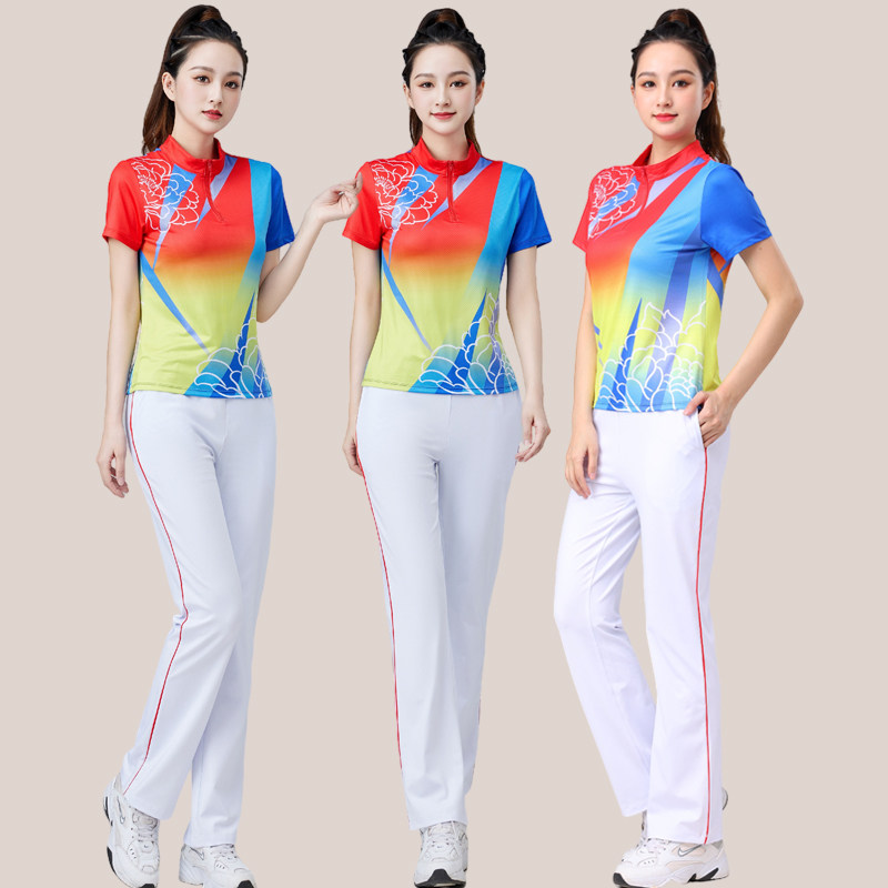 夏季短袖广场舞服装新款套装中老年运动服健身服团队舞蹈服跳舞衣