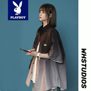 花花公子冰丝短袖衬衫男女夏季款