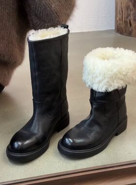 加绒加厚羊毛中筒靴保暖圆头粗跟两穿舒适简约设计雪地靴