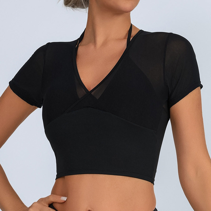 新款运动健身上衣女深V领含胸垫网纱撞色拼接高腰速干短袖T恤现货,运动/瑜伽/健身/球迷用品,瑜伽背心,淘宝优惠券,粉丝福利购,淘宝优惠卷