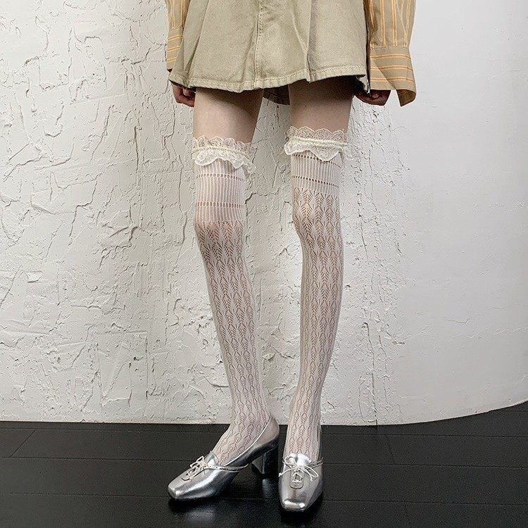 奶白色蕾丝花边过膝袜女薄款显瘦高弹力大腿袜网眼镂空高筒长筒袜,女士内衣/男士内衣/家居服,连裤袜/打底袜,淘宝优惠券,粉丝福利购,淘宝优惠卷