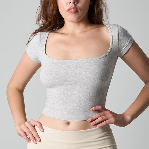 COTTON SCOOP NECK T恤方领纯色掐腰紧身简约全棉短袖