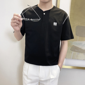T8015-P55控75时尚夏季新款男士短袖V领T恤潮流百搭休闲上衣ins黑图片