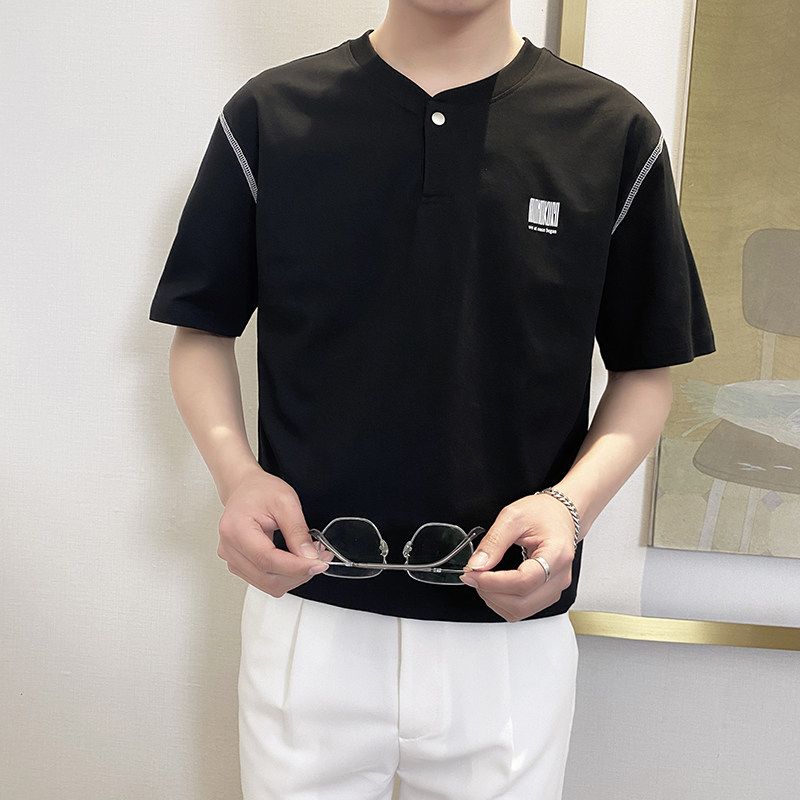 T8015-P55控75时尚夏季新款男士短袖V领T恤潮流百搭休闲上衣ins黑,男装T恤,星座1101-1