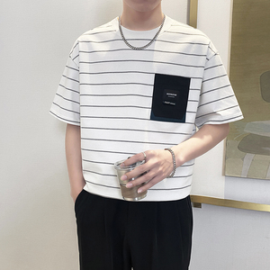 T9568-P58控78时尚条纹宽松短袖T恤男士休闲百搭体恤衫青年上衣白图片