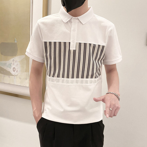 6885-P58控78 2025春夏款时尚拼接POLO衫男翻领短袖T恤保罗衫白色图片