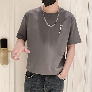 9226-P45控65宽松休闲短袖T恤男2025春夏新款圆领刺绣体恤半袖灰图片