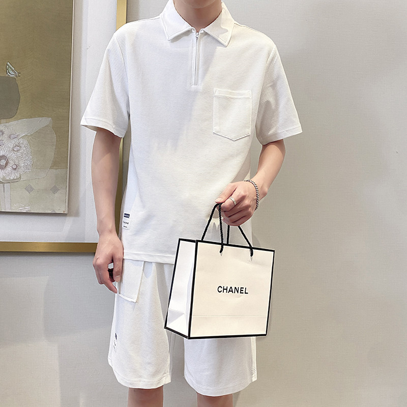 TZ1923-P95控128时尚翻领短袖套装男士简约款POLO衫短裤一套ins白,男装Polo衫,星座1101-1