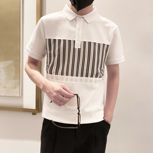 6885-P58控782025春夏款时尚拼接POLO衫男翻领短袖T恤保罗衫白色