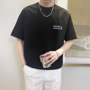 T9556-P55控75夏季宽松休闲短袖T恤男士百搭时尚体恤衫潮半袖黑色图片