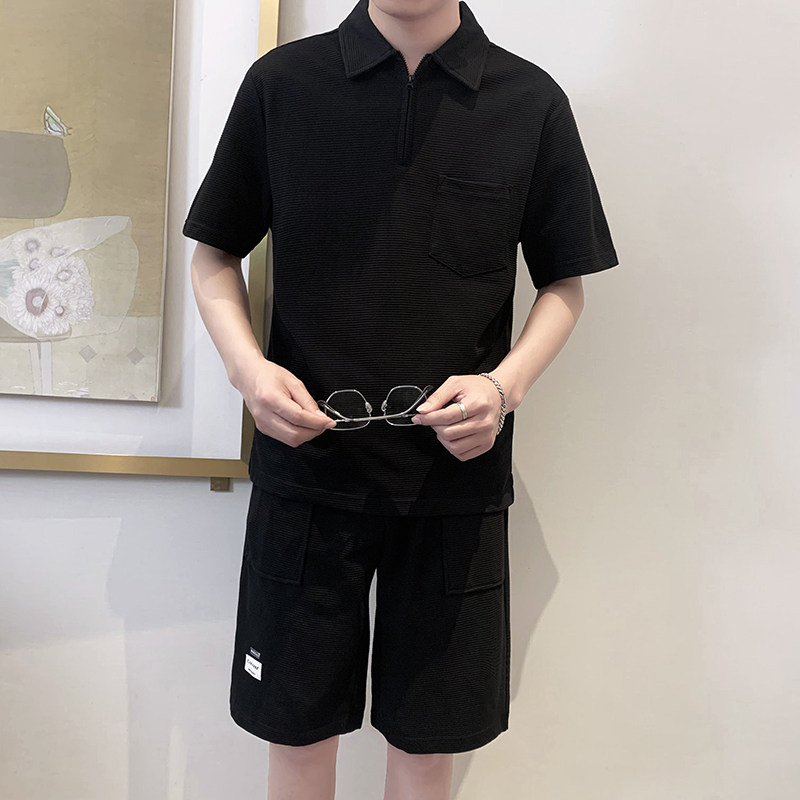 TZ1923-P95控128时尚翻领短袖套装男士简约款POLO衫短裤一套ins黑,男装Polo衫,星座1101-1
