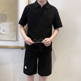 TZ1923-P95控128时尚翻领短袖套装男士简约款POLO衫短裤一套ins黑，男装Polo衫，星座1101-1