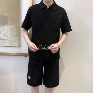 TZ1923-P95控128时尚翻领短袖套装男士简约款POLO衫短裤一套ins黑图片