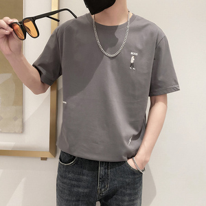 9226-P45控65宽松休闲短袖T恤男2025春夏新款圆领刺绣体恤半袖灰图片