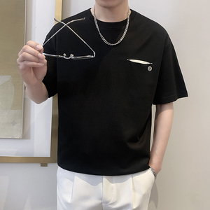 T8031-P48控68宽松简约款百搭男士短袖T恤时尚休闲体恤衫潮半袖黑图片