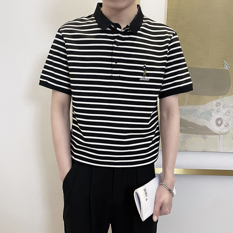 PL1166-P58控782025春夏时尚条纹POLO衫男韩版百搭短袖翻领T恤黑，男装T恤，星座1101-1