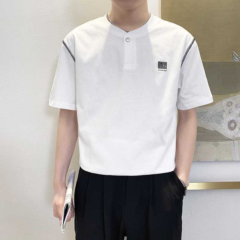 T8015-P55控75时尚夏季新款男士短袖V领T恤潮流百搭休闲上衣ins白,男装T恤,星座1101-1