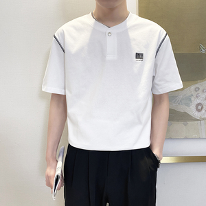 T8015-P55控75时尚夏季新款男士短袖V领T恤潮流百搭休闲上衣ins白图片