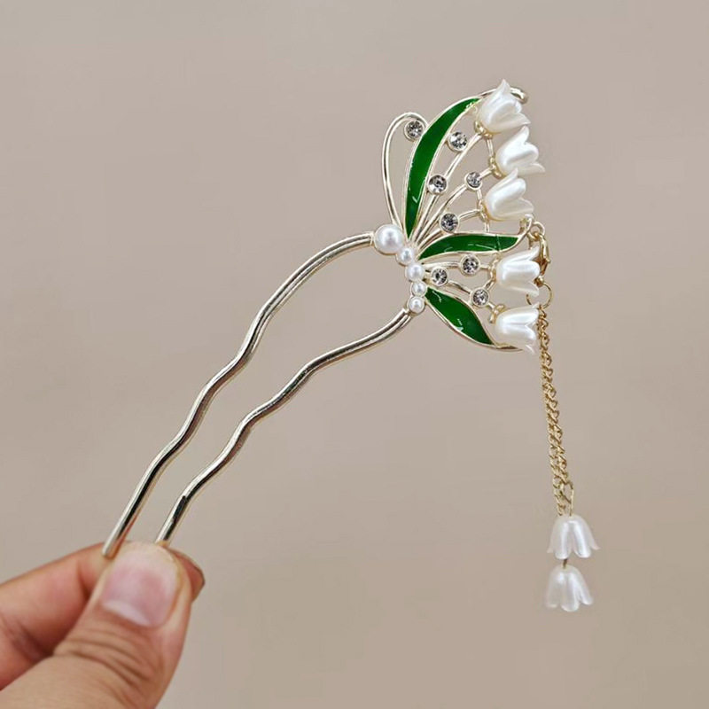 简语中式流苏花朵发饰新款古风步摇发簪U型簪女盘发神器发杈头饰
