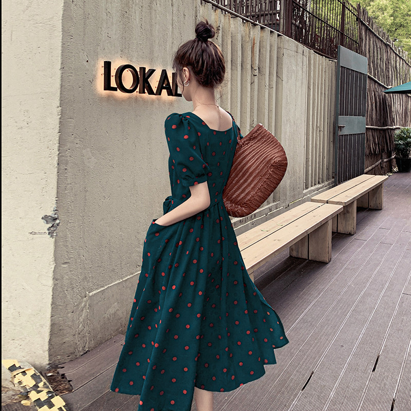 茶歇法式方领泡泡袖连衣裙女夏2025高级赫本风墨绿色波点雪纺长裙,女装连衣裙,浙宝217