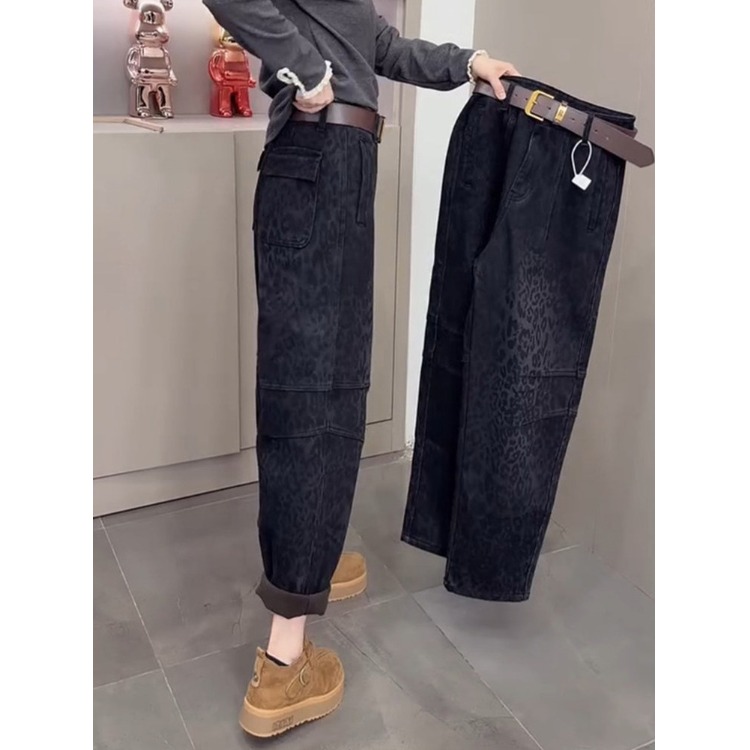 秋冬新款高腰显瘦直筒哈伦牛仔裤女梨形九分裤小个子豹纹老爹裤子
