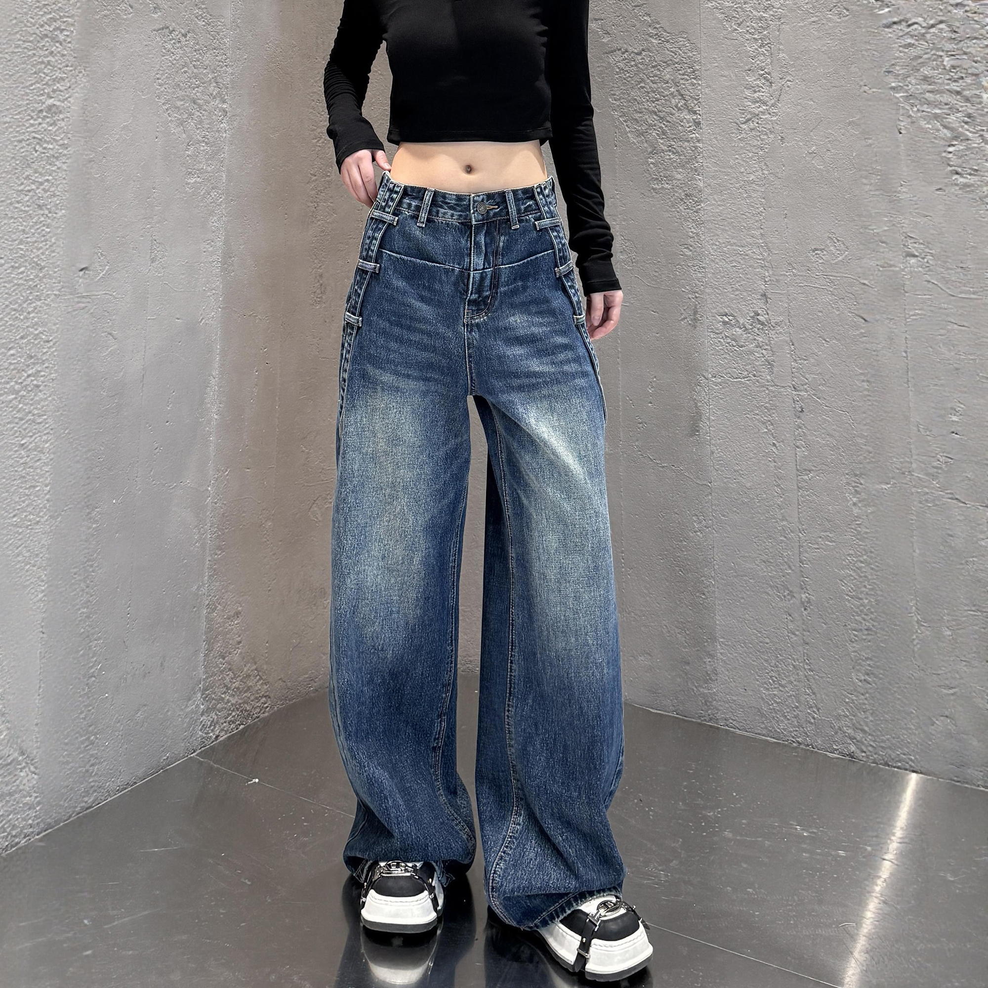 大码弯刀阔腿牛仔裤女秋季2025新款胖mm宽松显瘦美式高街直筒裤子