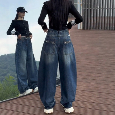 大码加绒弯刀牛仔裤女秋冬季2025新款美式阔腿裤胖mm显瘦直筒裤子