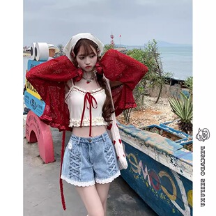 小兔刺绣软妹牛仔短裤女夏季新款甜美日系小个子高腰花边蕾丝裤子