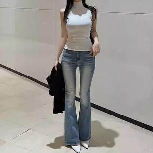 韩国秋季新款自带丰胯垫裤子柔软漂亮水洗磨白高腰微喇叭牛仔裤女