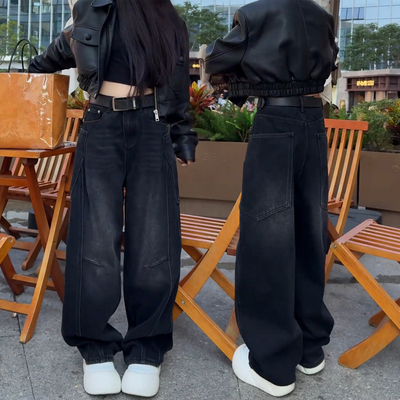 加绒加厚阔腿牛仔裤女冬季2025新款大码胖mm显瘦黑色弯刀直筒裤子