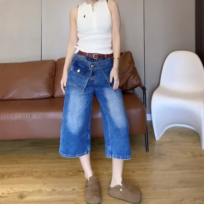 大码美式阔腿牛仔裤女夏季薄款2025新款夏天胖mm显瘦七分直筒裤子