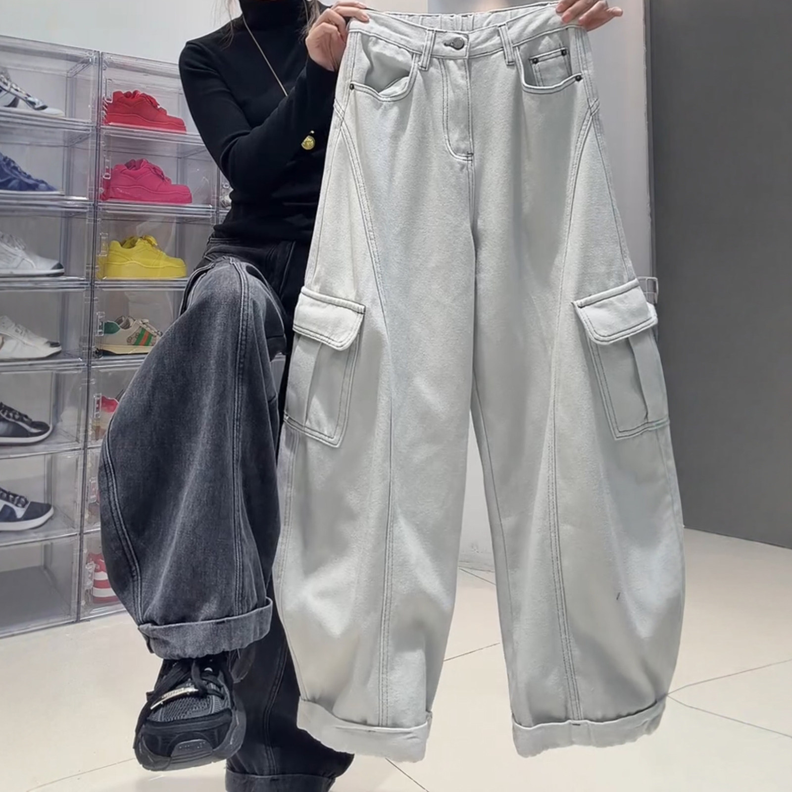 加绒加厚弯刀牛仔裤女秋冬季宽松工装裤子大码胖mm显瘦直筒阔腿裤,女装/女士精品,大码裤装,淘宝优惠券,粉丝福利购,淘宝优惠卷