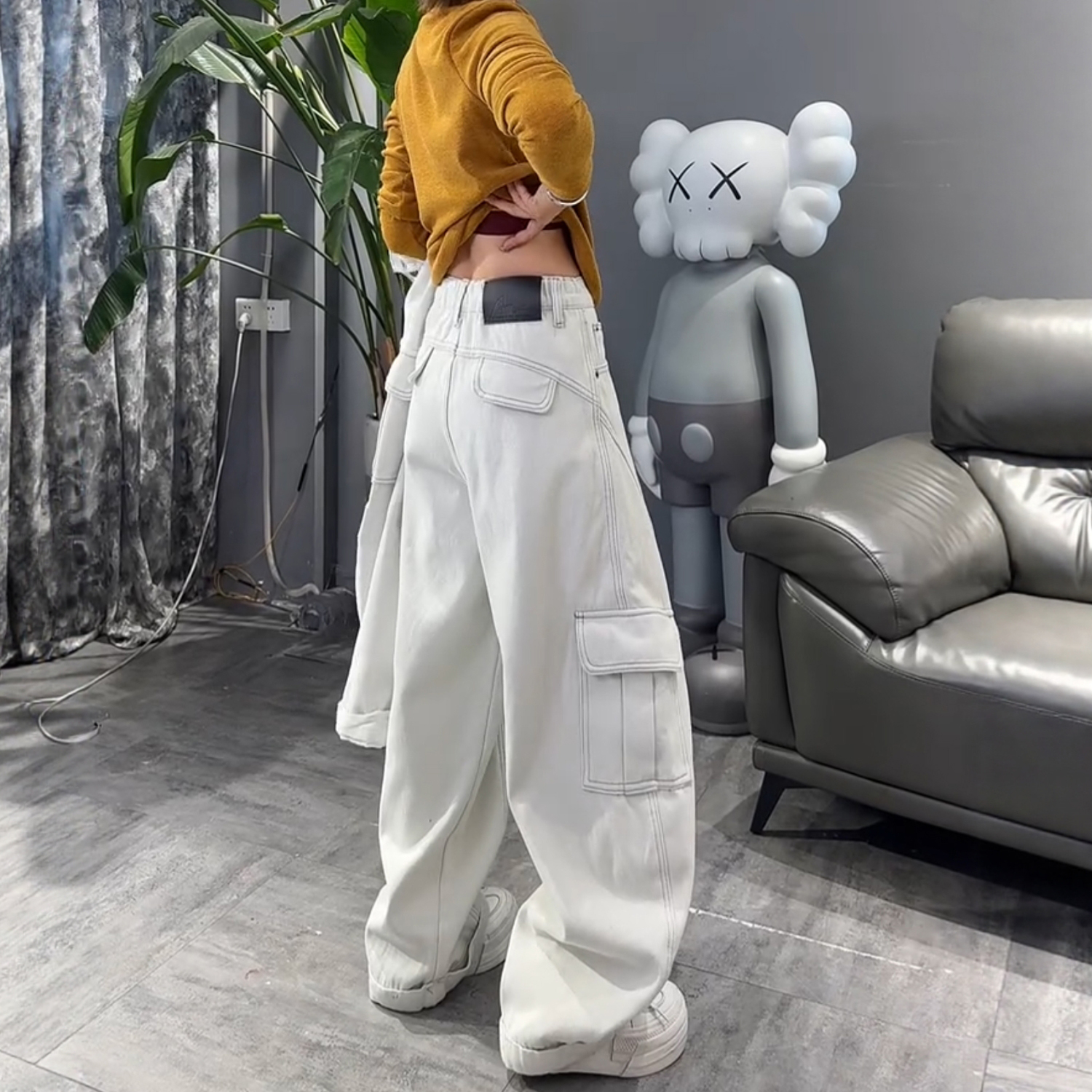 大码加绒弯刀牛仔裤女秋冬季2025新款工装裤子胖mm显瘦直筒阔腿裤