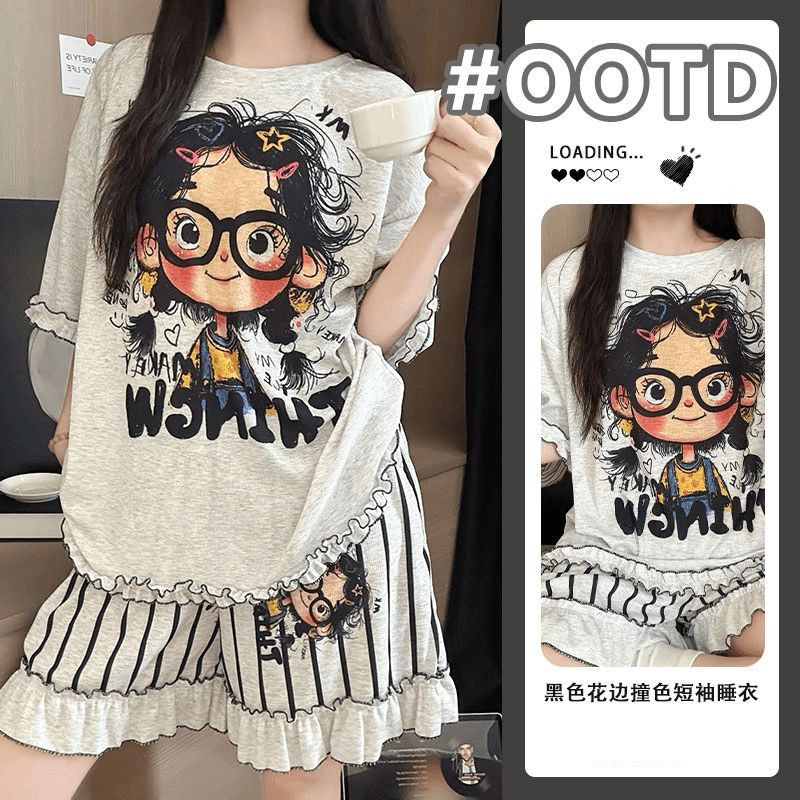 韩系可爱大眼女孩短袖睡衣女夏季宽松休闲家居服卡通印花减龄套装
