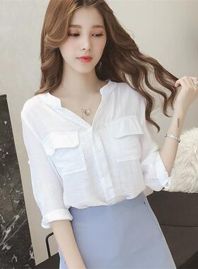 春夏装白色衬衫女外穿宽松学院风韩版新款洋气超仙七分袖v领上衣