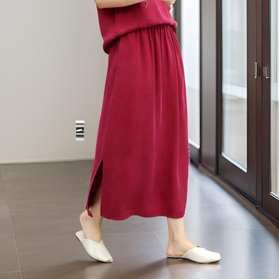 进口重磅真铜氨丝裙子女夏小花苞时尚百搭松紧腰中长款开叉半身裙