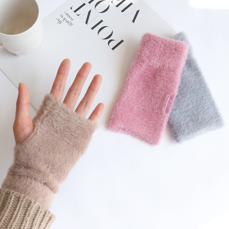 手套冬季女半指毛绒保暖露指针织仿貂毛学生写字防寒可爱护腕套袖