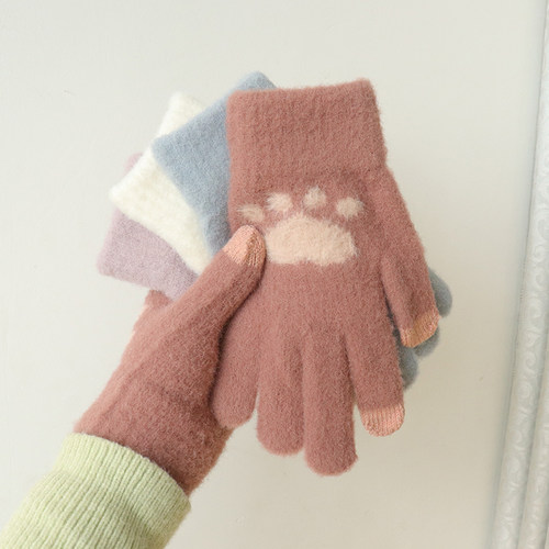 可爱猫爪触屏手套秋冬季加厚新款