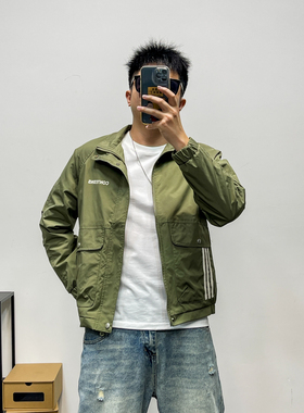 日系翻领军绿色休闲外套男士秋季工装修身帅气夹克飞行员短款上衣