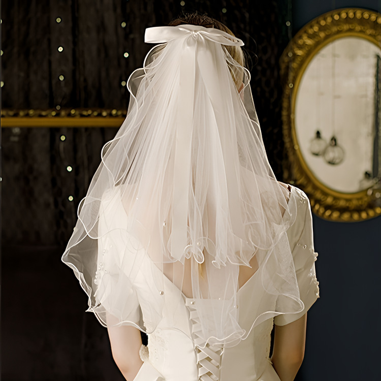 法式成人气质卷边头纱韩式显瘦民族风拖尾仙女风蕾丝齐地白色
